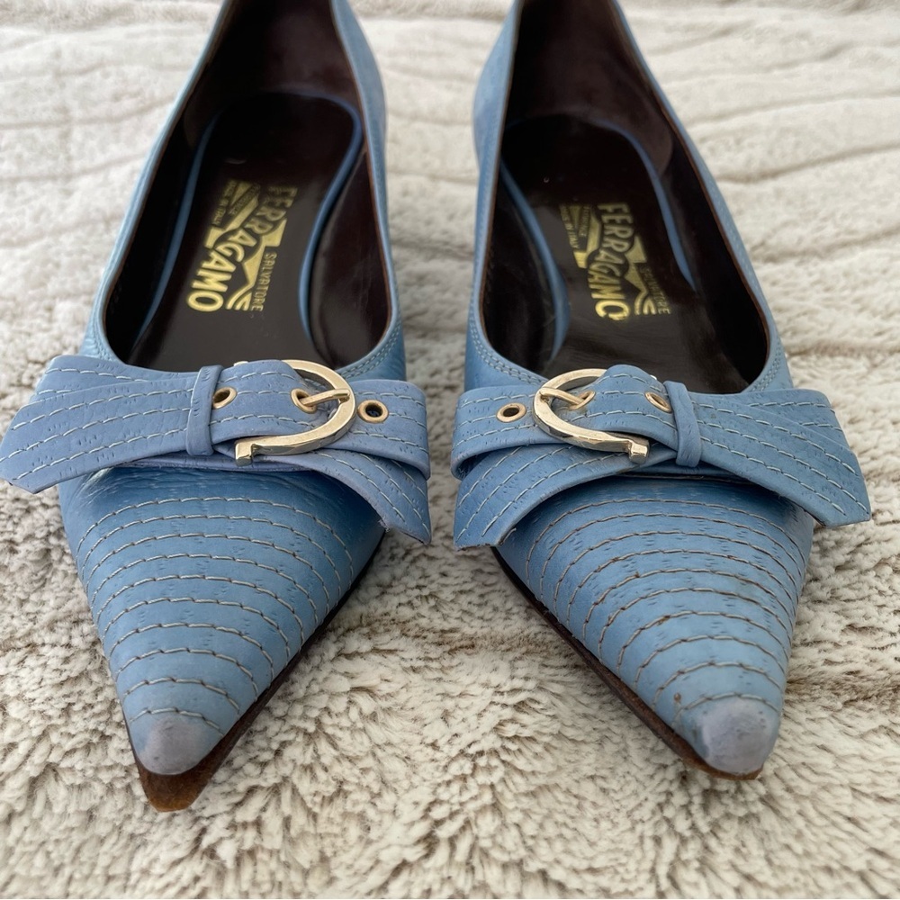 Ferragamo Vintage Baby Blue Kitten Heels with Front Buckle - Picture 2 of 13